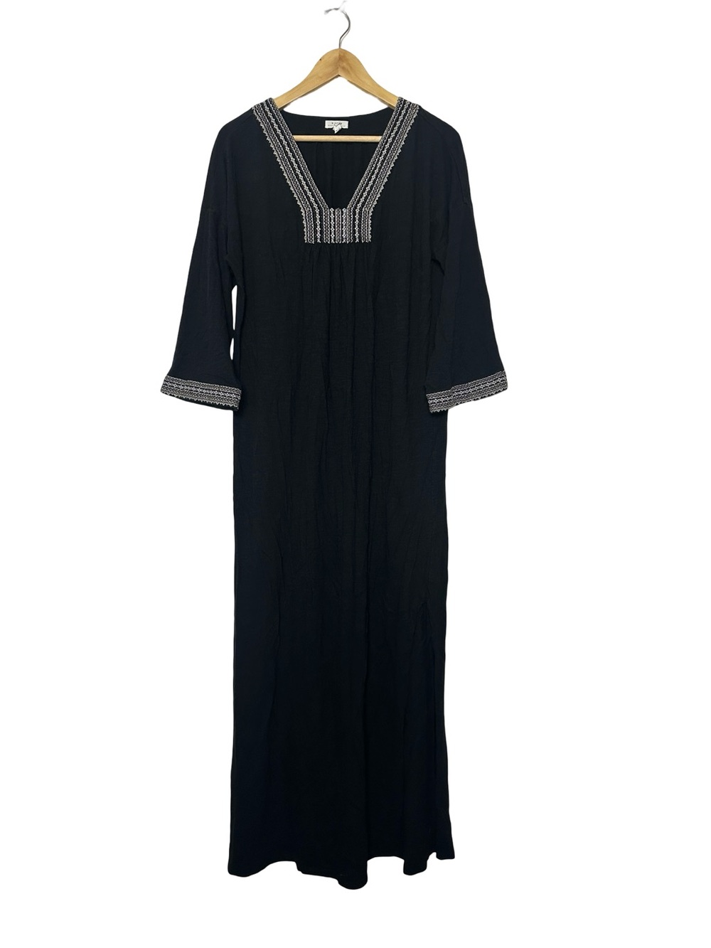 Soft Joie Black Embroidered V-Neck Maxi Caftan Dress 100% Cotton Size Small
